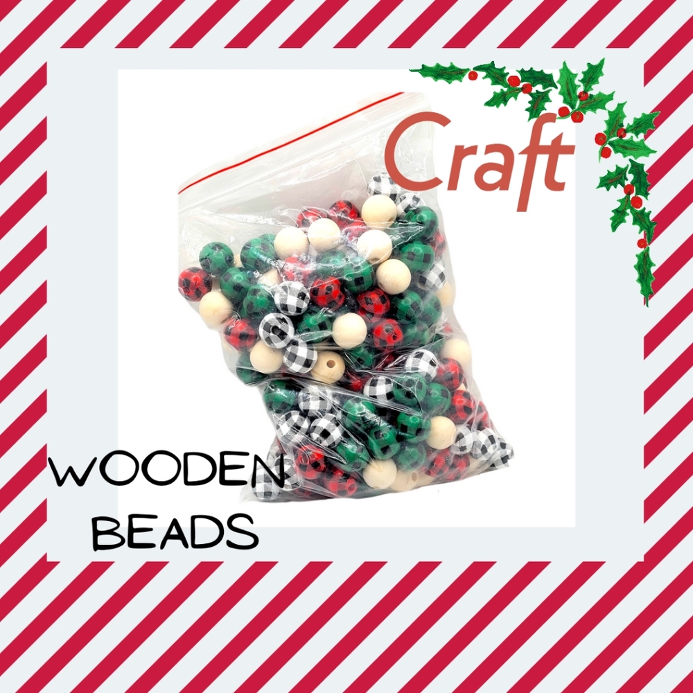 Wooden Christmas Buffalo plaid craft beads 100 count net